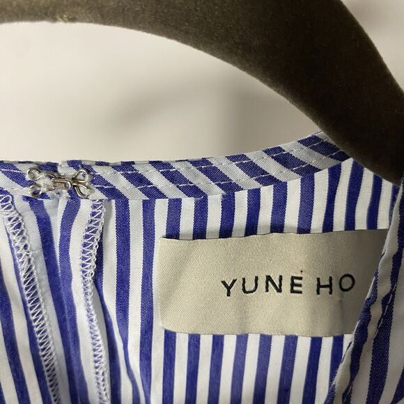 Yune Ho Women's XS Sleeveless Blouse Blue White Stripe Ruffle Crop Boxy Cotton - Picture 5 of 7